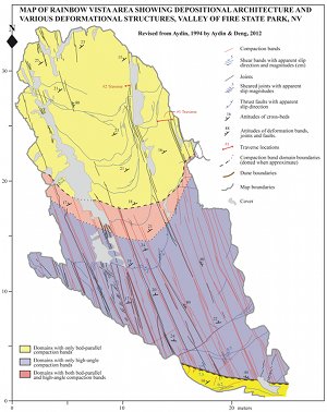 Map showing depositional (dunes) and deformational (compaction bands, shear bands, joints, sheared joints, and faults) structures on a pavement at the Rainbow Vista in the park. Revised by Aydin and Deng (2012) from Aydin (1994).