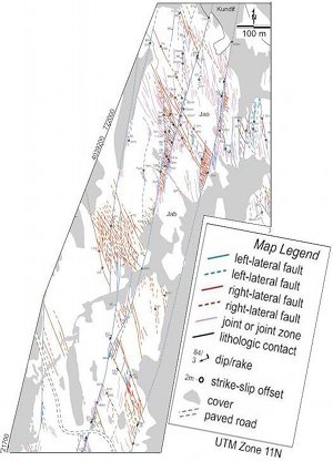 Map showing detailed configurations of left- and right- lateral faults and their hierarchical geometry. The two major faults in the detailed map are the Lonewolf and Classic faults with left-lateral offsets locally of about 60 m and 170 m, respectively, in the view covered by the aerial photo in the next figure. From Flodin and Aydin (2004).