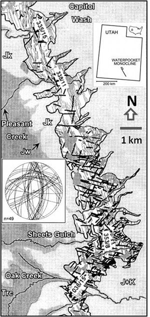 Air photo map along the Waterpocket monocline from the Grand Wash (about 5 km south of Utah Highway 24 to south of the Sheets Gulch showing various structures (light lines for joints thick black lines for shear band faults) and their measured orientations (the inset stereonet plot). From Roznovsky and Aydin (2001).