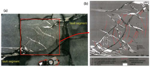 Photo (a) and map (b) of a contractional strike-slip relay between two overlapping fault segments. Note pull-aparts and long calcite veins bound the relay. A high density of solution seams (thin black lines) occurs within the relay ramp. These solution seams are oftern curved and oriented obliquely to the boundary faults. Some seams have slipped to form a through-going curved slip surface that links the side-stepping segments. Early en echelon veins have linked to form minor antithetic faults, some of which are sigmoidal. Solution seams as well as tail cracks occur at the tips of some antithetic faults or near the ends of slipped solution seams. From Willemse et al. (1996).