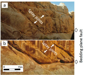 Outcrop photos of bedding slip-based faults in Navajo Sandstone in East Kaibab Monocline with bedding plane fault and the splay joints pointed out. (b) shows the details of lower central part of (a). The bedding planes are dune boundaries. The fine-grained interdune material diminishes to the left has eroded to the right making the boundary recognizable from a distance. The oblique splay joints indicate top to the right or right-lateral slip sense along the dune boundary. Some of these splays are as much as 40 meters long. From Cooke (1996).