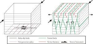 Schematic block diagram based on detailed maps of 3-D outcrops along the Arroyo Burro beach front, Santa Barbara. The initial faults are of strike-slip type. The splays of these faults instigate normal faults and the related high-angle joints. From Kanjanapayont et al. (2016).