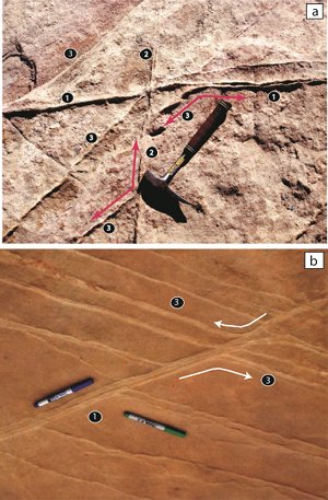 (a) and (b) splay deformation bands (possibly compaction dominated) associated with shear enhanced compaction bands in sandstone, Valley of Fire State Park, Nevada. 1 and 2 are thought to be shear enhanced compaction band zones and set 3 is interpreted to be pure compaction band splays.