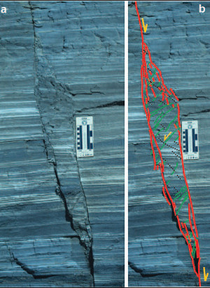 Contractional deformation accommodated by multiple sets of faults in siliceous shale of the Monterey Formation near Lampoc, California. Photo and map by A. Aydin.