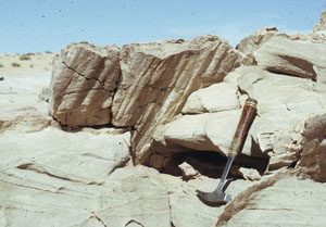 Striations on a slip surface at the edge of shear band zone in sandstone, San Rafael Desert, UT. The grows on the surface are highly accentuated. From Aydin and Johnson (1978).