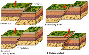 Illustration showing dip-slip, strike-slip, and oblique-slip faults. Please enlarge to see detail. By Arjuna Multimedia from www.indiana.edu/~g103/G103/week9/faultypes.jpg (2005).