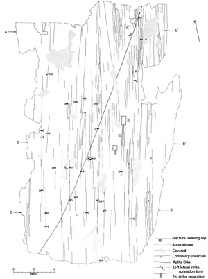 Map showing a set of joints and veins in granitic rocks of the Sierra Nevada, California, near Ward Lake. The diagonal thick line, which is the trace of an older aplite dike, shows no detectable offset at its intersection with the joints/veins even though minute shear separation has been measured across some of the joints in the map area and in its surroundings. From Segall and Pollard (1983).
