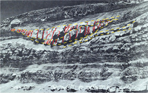 Joint systems (red) in sandstone beds (bed interfaces yellow) in a fluvial sequence near Price, Utah. Note that the fractures which are somewhat oblique to the cliff face generally occur in sandstones. Of interest is the decreasing apparent joint spacing in sandstone lenses towards their perimeters as their thicknesses diminish. The thickness of the mapped units at the center is ~2 m. Photo from Hamblin (1982) and Christiansen and Hamblin http://earthds.info/pdfs/EDS_07.PDF