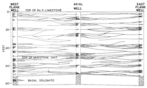 Lenticular zones of PSS as mapped from three closely spaced wells in a limestone reservoir. It was proposed that the PSS distribution was controlled by lithological variation within the unit. From Dunnington (1967).