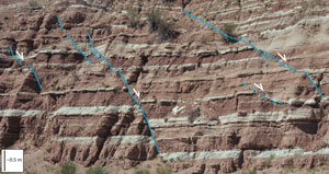 A set of normal fault traces as seen on a highway cut exposing an alternating mudstone (red) and sandstone (white), central Utah.