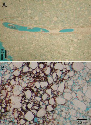 Photomicrograph, in plain polarized light, of partially filled slip band within a fault core. (A) filled with calcite and (B) filled with broken quartz grains and iron-rich mineral matrix. From Ahmadov (2006).