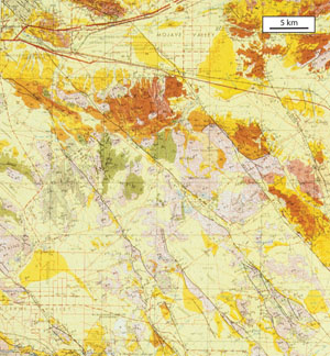 A set of right-lateral strike-slip faults within the Mojave block in southern California. What are shown as individual simple faults at the scale of the map and compilation, are in reality complex fault zones which are dominated by northwest trending right-lateral faults but also include other types of faults in different orientations. From Rogers (1967).