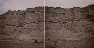Two sets of normal faults exposed on sandstone (brown) and shale (dark) beds of the Entrada Formation along a steep cliff on the northern side of the Freemont River near Hanksville, UT. The dip angle of both left- and right-dipping sets is about 55 degrees. Notice A. M. Johnson as scale at the bottom of the left panel. From Aydin (1973).