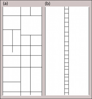 Diagrams illustrating idealized orthogonal joint patterns of grid-like (a) and ladder-like (b) geometries.