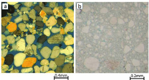 Photomicrographs of undeformed host rock (a) and fault rock (b) of Aztec Sandstone from Valley of Fire State Park, Nevada. Fault rock shows extensive grain crushing and porosity collapse with few survival grains. Blue is epoxy. By Ahmadov et al (2006).