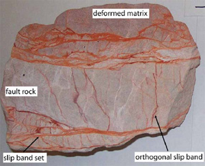 Photograph of the sample from the fault zone in Aztec Sandstone. Sample is 20 cm long. From Ahmadov (2006).