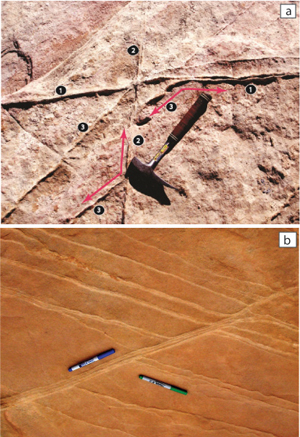 Intersection relationships among sets of compaction bands. (a) A photograph showing three sets of compaction bands; the older pair of two sets (marked as 1 and 2) and a relatively younger third set (marked as 3). (b) Photograph showing a series of compaction bands (marked by the green sharpie) splaying off of a zone of compaction bands (marked by the blue sharpie). The zone belongs to either one of the orthogonal sets (Set 1 or 2) while the individual bands splaying off belong to Set 3.
