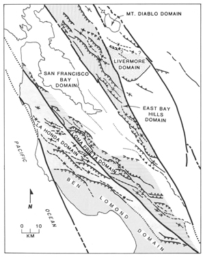 Map showing several structural domains in the San Francisco Bay Area. Most are contractional domains characterized by thrust faults and folds. However, it should be noted that the extensional domains may exist but they are difficult to identify. From Aydin and Page (1984).