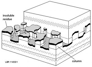 3-D schematic diagram of a series of islands of pressure solution seams forming what would be considered composite seams or stylolites. From L. B. Railsback's web site at http://www.gly.uga.edu/railsback/, modified from John V. Smith (2000).