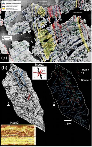 (a) Thrust faults and strike-slip faults localized within fine-grained (predominantly mudstone) and coarse-grained (sandstone and conglomerate) units in the Magallanes Foreland basin, Chilean Patagonia. From Gonzales and Aydin (2008). (b). A similar assemblage of thrust , strike-slip, and normal faults has been delineated at deep water fold and thrust belt environments driven by gravity in deltaic sediments at passive continental margins. From Oluchukwu et al. (2012).
